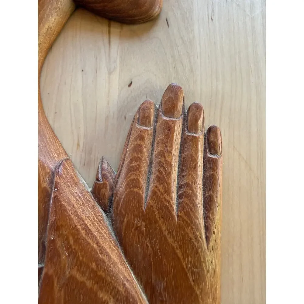 MCM VINTAGE Thai Teak Wood Carving Praying Woman Wai Wall Plaque Art Decor